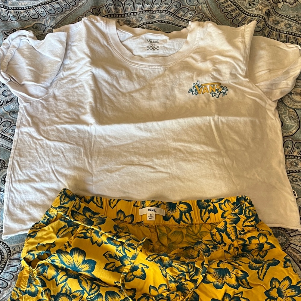 Vans White Tee with Yellow Floral Shorts